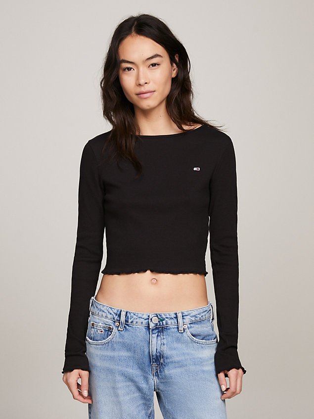 black ruffle cropped fit long sleeve t-shirt for women tommy jeans