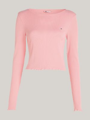 Ruffle Cropped Fit Long Sleeve T-Shirt, Pink