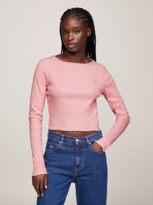 Ruffle Cropped Fit Long Sleeve T-Shirt, Pink