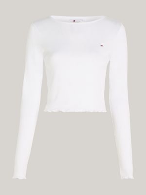 Tommy Hilfiger Women's Everyday Long Sleeve Ruched Sides with Foil Logo  Tee, Bright White, X-Large at  Women's Clothing store