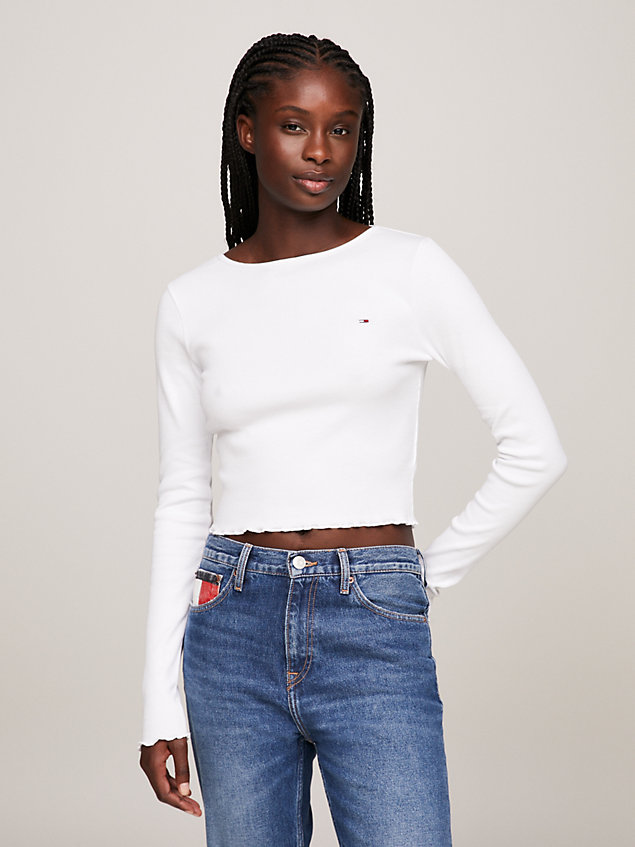 white ruffle cropped fit long sleeve t-shirt for women tommy jeans