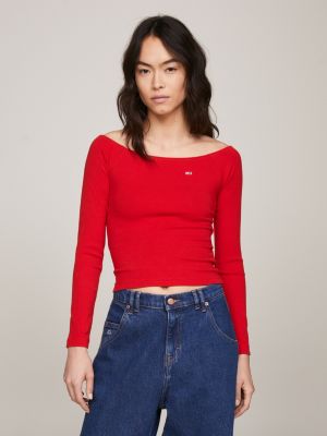 T-shirt manches longues côtelé rouge femme