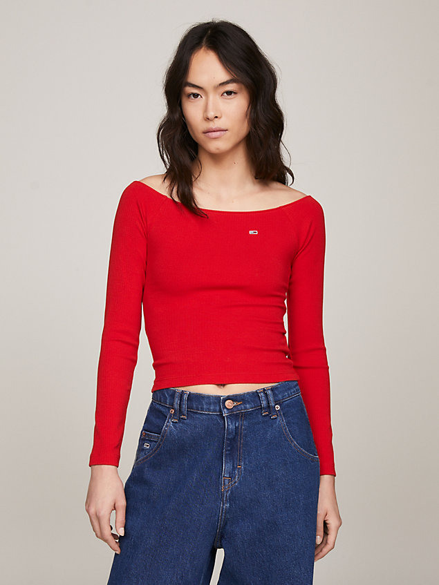 red off-the-shoulder ribbed slim long sleeve t-shirt for women tommy jeans