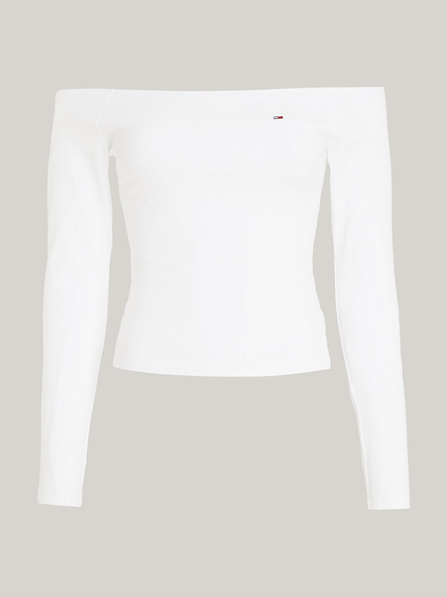 white schulterfreies slim fit rippstrick-langarmshirt für damen - tommy jeans