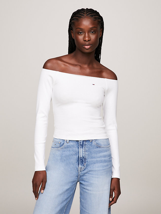 white off-the-shoulder ribbed slim long sleeve t-shirt for women tommy jeans