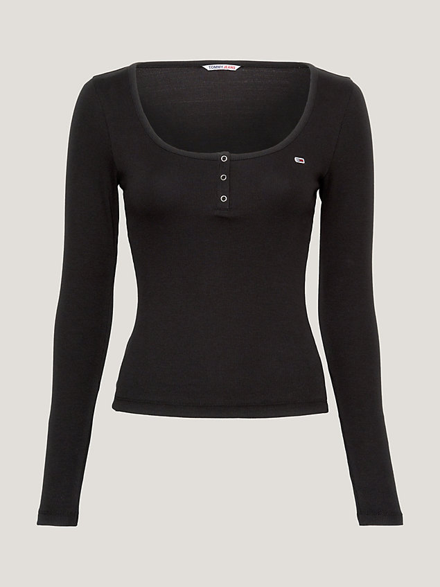 t-shirt henley ajusté à manches longues black pour femmes tommy jeans