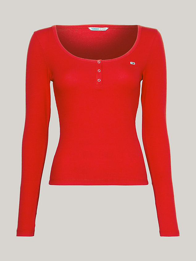 red slim fit long sleeve henley t-shirt for women tommy jeans