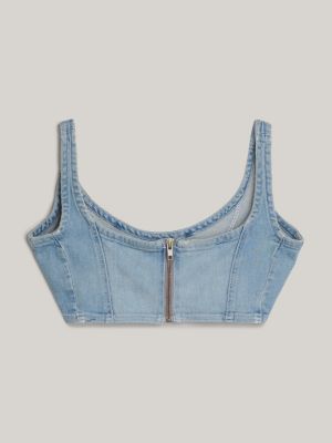 Contrast Zip Through Strappy Denim Bralette