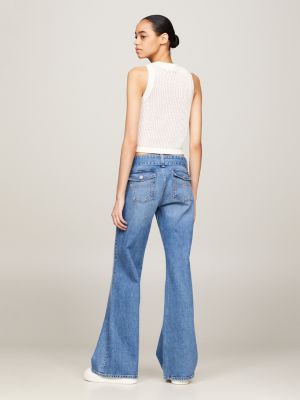 Sophie Low Rise Mom Flared Leg Belted Jeans, Denim