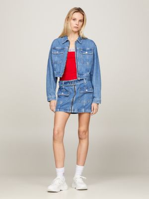 blue claire zip-thru cropped trucker jacket for women tommy jeans