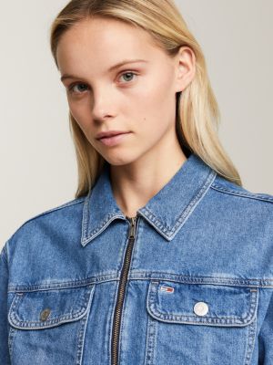 blue claire zip-thru cropped trucker jacket for women tommy jeans