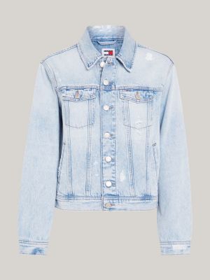 giacca trucker mom fit in denim distressed blu da donne tommy jeans