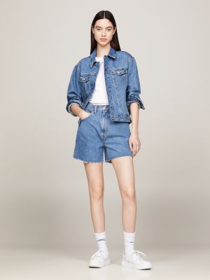 blue classic fit mom denim trucker jacket for women tommy jeans