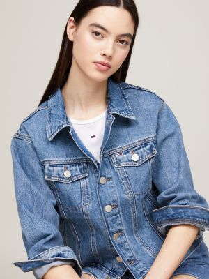 blue classic fit mom denim trucker jacket for women tommy jeans