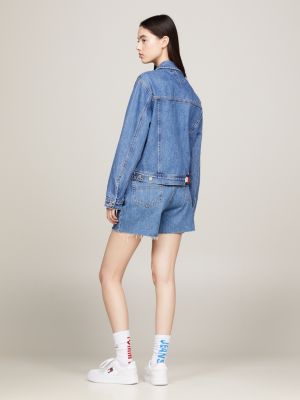 blue classic fit mom denim trucker jacket for women tommy jeans