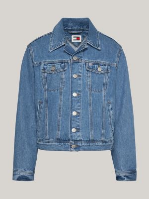 blue classic fit mom denim trucker jacket for women tommy jeans