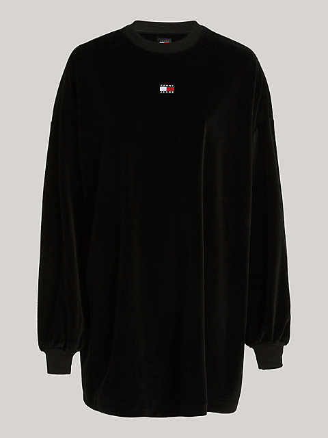 black sweatshirt-kleid aus velours für damen - tommy jeans
