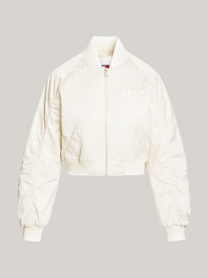 bomber varsity imbottito in raso beige da donne tommy jeans