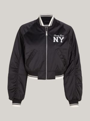 bomber varsity imbottito in raso nero da donne tommy jeans