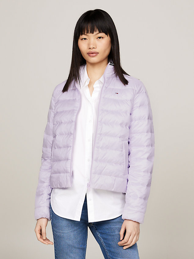 purple quilted logo tape puffer jacket for women tommy jeans
