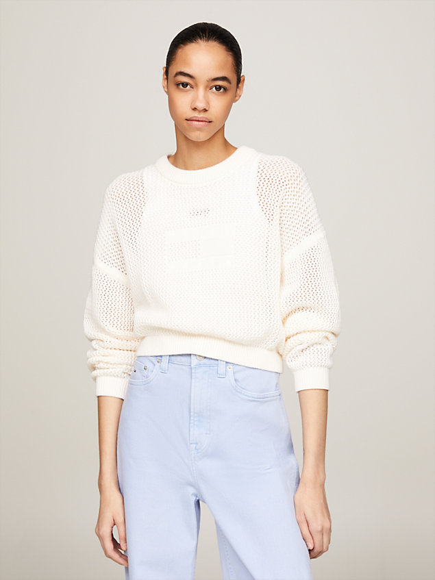 white open knit logo relaxed fit jumper for women tommy jeans