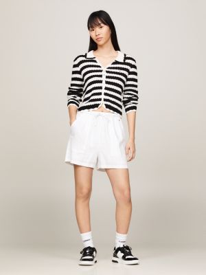 black cropped fit häkel-cardigan mit streifen für damen - tommy jeans