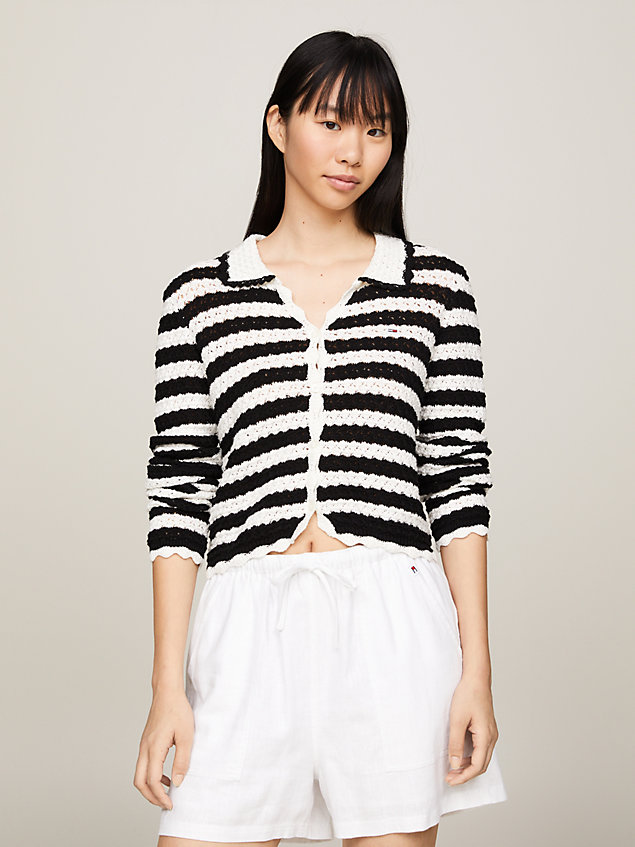 black crochet stripe cropped cardigan for women tommy jeans