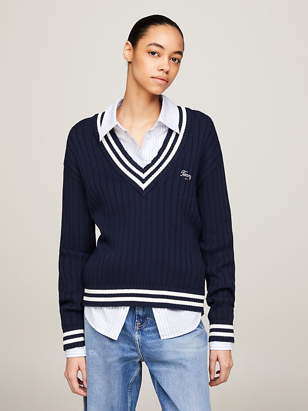 pullover relaxed fit a coste con scollo a v blue da donne tommy jeans