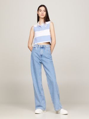 polo crop smanicata a righe blu da donne tommy jeans