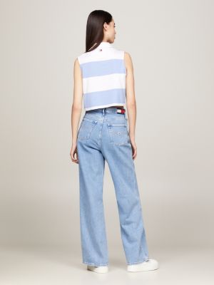 polo crop smanicata a righe blu da donne tommy jeans