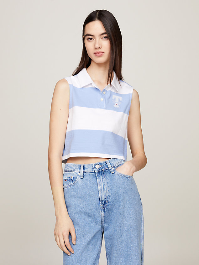 blue stripe sleeveless cropped letterman polo for women tommy jeans