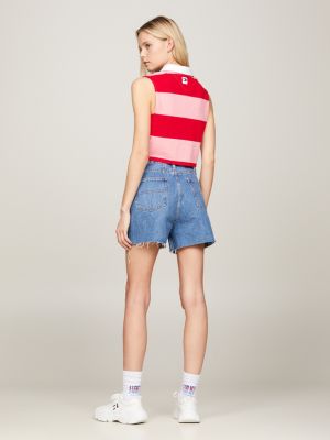 polo crop smanicata a righe rosa da donne tommy jeans