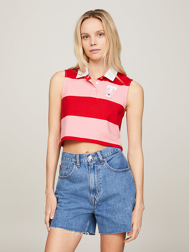 pink stripe sleeveless cropped letterman polo for women tommy jeans