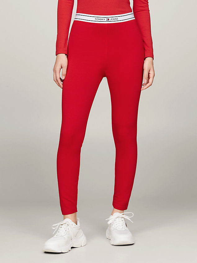 red lange legging met logotailleband voor dames - tommy jeans