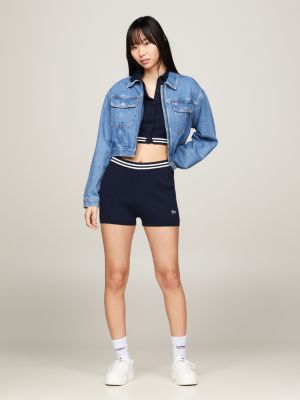 blue rippstrick-shorts mit script-logo für damen - tommy jeans