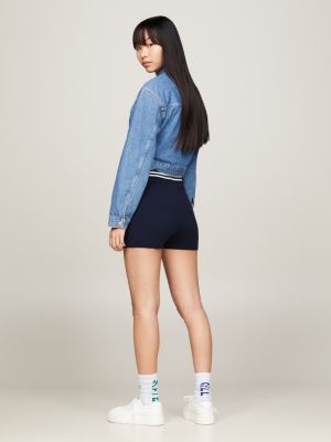 shorts in maglia a coste con logo in corsivo blu da donne tommy jeans