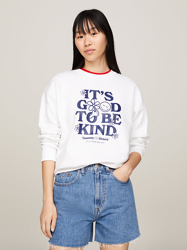 white slogan crew neck sweatshirt for women tommy jeans