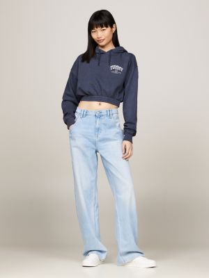 blue varsity relaxed cropped fit hoodie mit logo für damen - tommy jeans