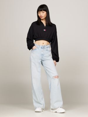 Tommy Badge Cropped Long Sleeve Polo | Black | Tommy Hilfiger