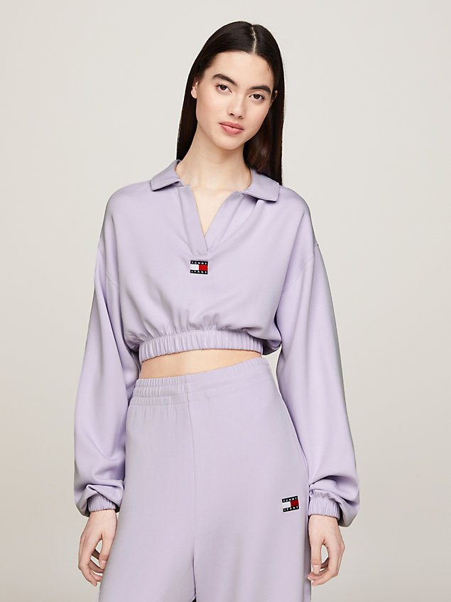 purple tommy badge cropped long sleeve polo for women tommy jeans