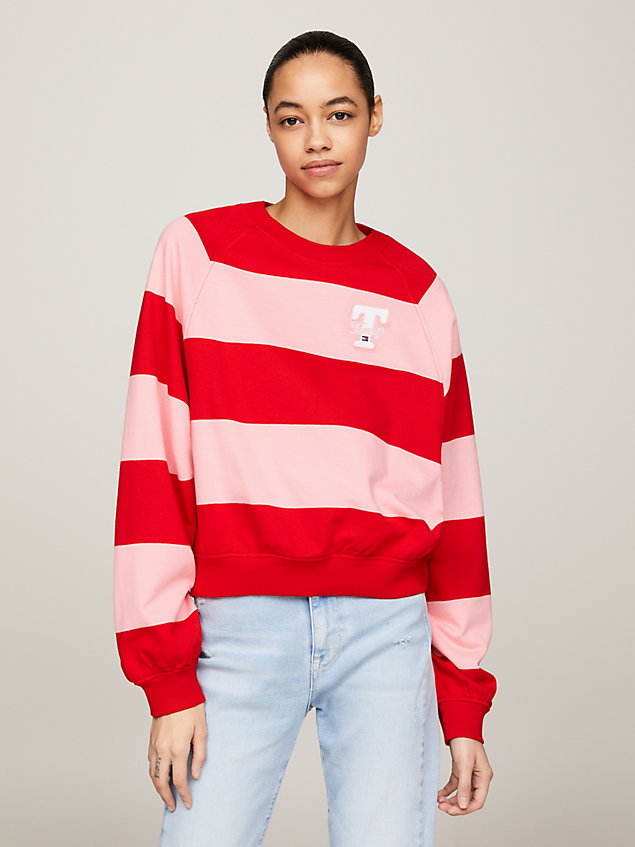 pink relaxed letterman-sweatshirt met strepen voor dames - tommy jeans