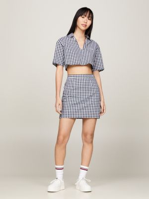 blue cropped fit kurzarmbluse mit vichy-karos für damen - tommy jeans