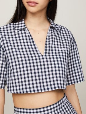 blusa crop a maniche corte e quadretti vichy blu da donne tommy jeans