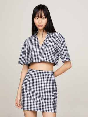 Aqua Check Crop Top and Skirt Set for Women