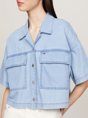 blusa oversize in denim chambray blu da donne tommy jeans