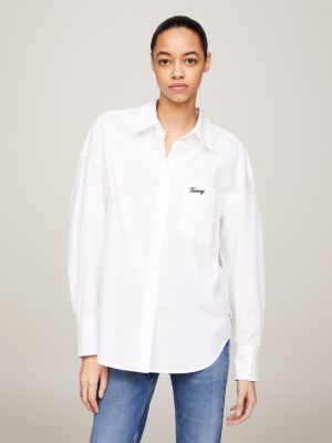 white oversized fit overshirt mit script-logo für damen - tommy jeans