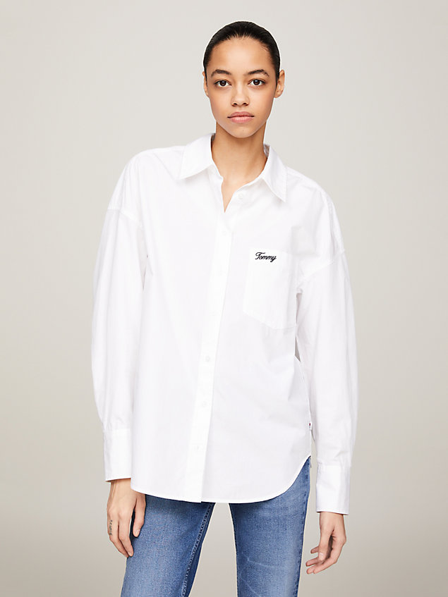 white oversized script logo overshirt for women tommy jeans