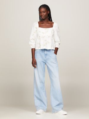 white cropped fit babydoll-bluse für damen - tommy jeans