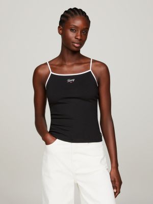 black slim fit tanktop mit script-logo für damen - tommy jeans