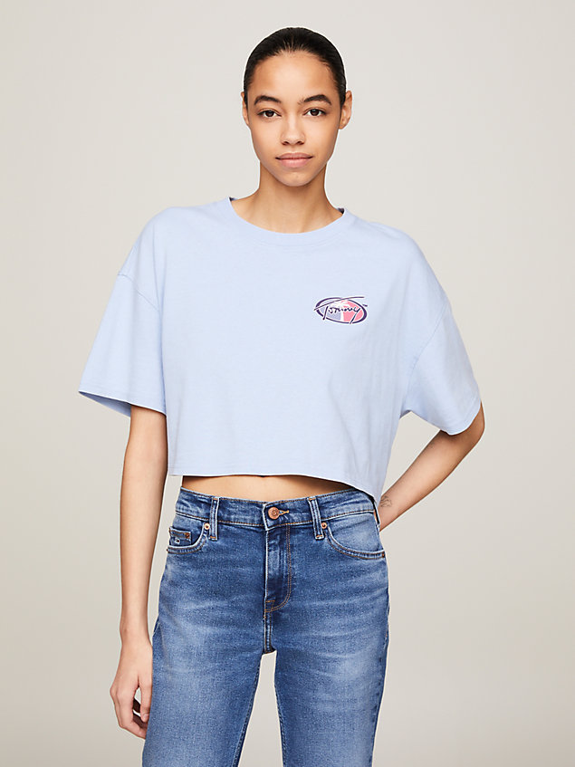 blue archive cropped t-shirt met oversized logo voor dames - tommy jeans